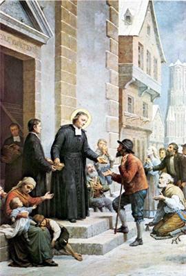 Giovanni Gagliardi : John Baptist de La Salle handing out bread to the poor<BR> during the fierce winter of 1684- 1685, in Reims, France